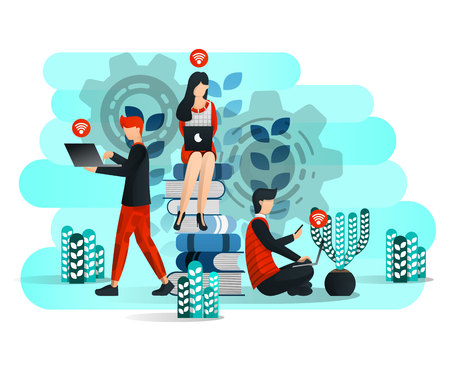 Online Learning With Internet and Laptop, Student Studying Around Pile of Book. Face of Education 4.0. Vector Illustration For Web, Element, Banner, Mobile App, Presentation, UI UX. Flat Cartoon Styleのイラスト素材