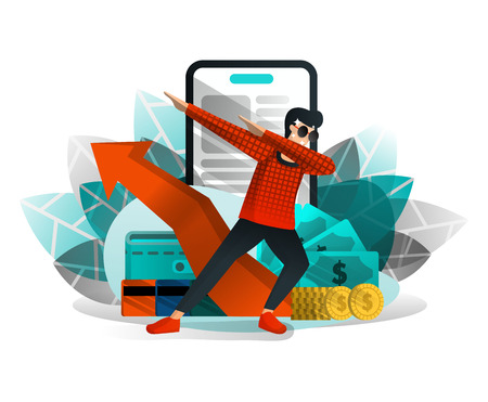 Men Celebrating Increase in Business, Investment and Savings Growth. Use Smartphone Technology for finance. Vector Illustration For Web, Element, SEO Promotion, Marketing, Online. Flat Cartoon Styleのイラスト素材