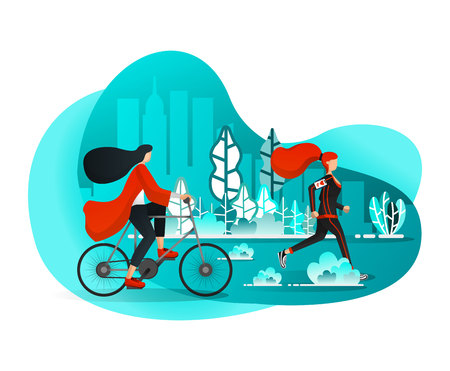 Girls Enjoying Leisure on Summer Mornings With Sports Activities in City Central Park such Running & Biking. Flat Cartoon Style. Vector Illustration For Web Page, Banner, Poster, Landing Page, App, UIのイラスト素材