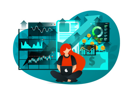 vector illustration of early investment literacy, future financial education, bank interest, mobile banking. young girl studying at internet to invest money to make profit. flat cartoon characterのイラスト素材