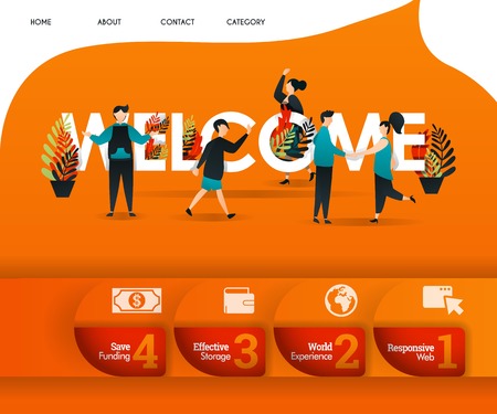 WELCOME word with an orange theme and lots of people around. can use for, landing page, template, ui, web, mobile app, poster, banner, flyer, vector illustration, online promotion, internet marketingのイラスト素材