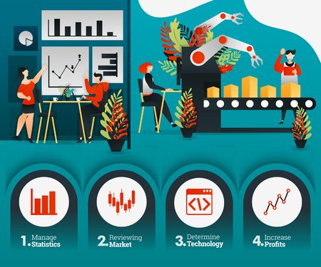 factories with robotic technology, and employees are meeting about sales and achievements. can use for, landing page, template, ui, web, banner, illustration, promotion, marketing, finance, tradingのイラスト素材