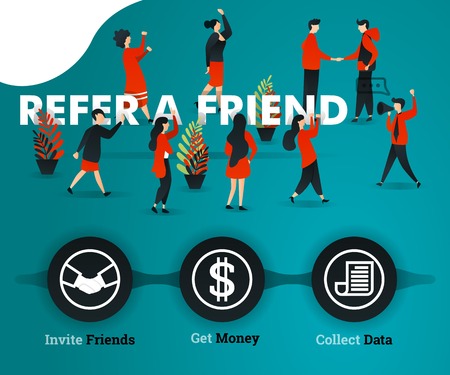 people are REFER A FRIEND and shake hands to get profit and achievement, for financial business, marketing, promotion, advertising, growth. can use for, landing page, template, ui, web, poster, bannerのイラスト素材