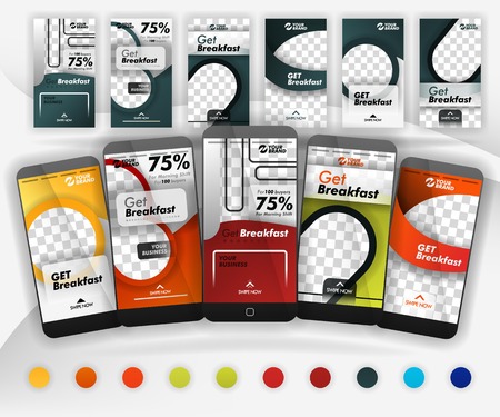 five social media swipe templates with 10+ colors including smartphone suitable mockup for food business, online promotion, internet marketing and advertising, can use for, landing page, templates, webのイラスト素材