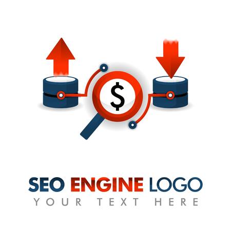 Business concept of vector illustration. SEO logo, marketing strategy, online promotion, internet ad, advertising, business promotion, data communication, download upload statistics, keyword feedbackのイラスト素材