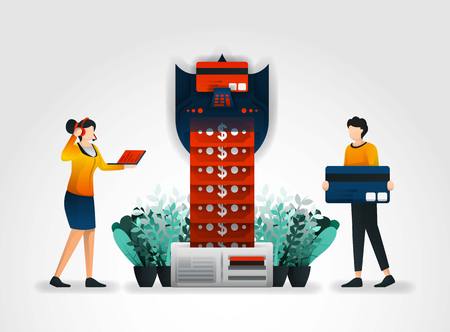 flat cartoon character. people withdraw their money from ATMs or banks that equipped with security technology. Security companies provide solutions, personal, financial security for banking businessのイラスト素材