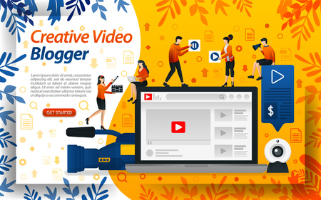 Creative Blogger video. Vlog Studio for editing. online influencer, vlogger and selebgram, concept vector ilustration. can use for landing page, template, ui, web, mobile app, poster, banner, flyerのイラスト素材