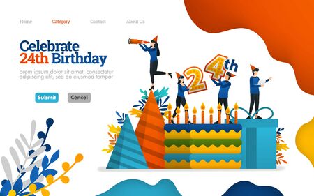 Celebrate birthdays, celebration days, 24th anniversary. birthday cake and equipment. Vector flat illustration concept, can use for, landing page, template, ui, web, homepage, poster, banner, flyer adsのイラスト素材