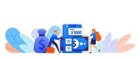 send, save and transfer money easily with mobile application. business transaction loan with an online system vector illustration concept for landing page, web, ui, banner, flyer, poster, background adsのイラスト素材