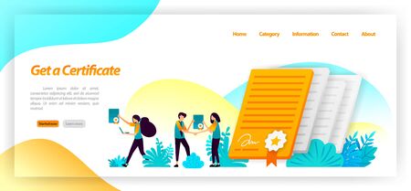 get a certificate for seminar, company, university or achievement of success student or worker in reaching a goal. vector illustration concept for landing page, ui ux, web, mobile app, poster bannerのイラスト素材