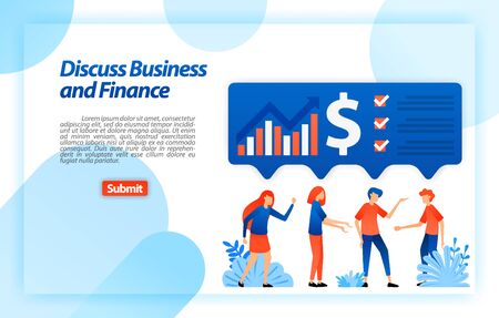 discuss the company's financial and business charts by brainstorming and equating ideas to get analysis and strategy. vector illustration concept for landing page, ui ux, web, mobile app, poster adsのイラスト素材