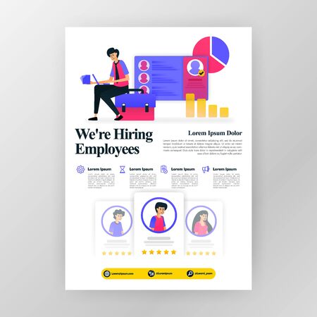 employee recruitment poster, we're hiring job seekers ads with flat cartoon illustration. flayer business pamphlet brochure magazine cover design layout space for  vector print template in A4 sizeのイラスト素材