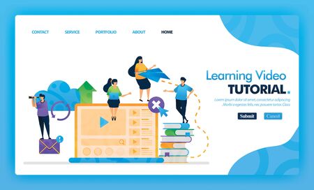 Learning Video Tutorial landing page blue vector concept with flat cartoon character and icon. homepage design can be use for landing page, web, mobile apps ui, poster, flyer, marketing, promotion.のイラスト素材