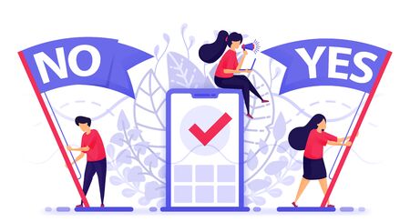 People fly flag to choose yes or no to give feedback. Online polling mobile apps to choose to agree...