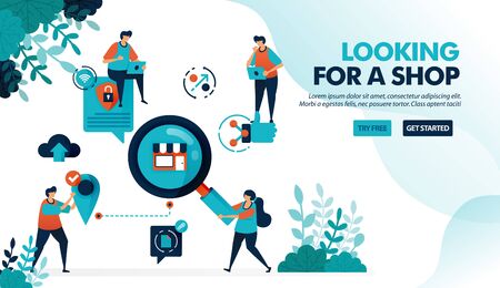 Search and find store location. Looking for store with data security protection. Promote to get customers. Flat vector illustration for landing page, web, website, banner, mobile apps, flyer, posterのイラスト素材