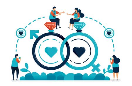 Wedding ring and sex symbol for marriage and engagement. Connection in love relationship, wedding, romance. Ring with diamonds and jewelry. Illustration of website, banner, poster, invitation, cardのイラスト素材