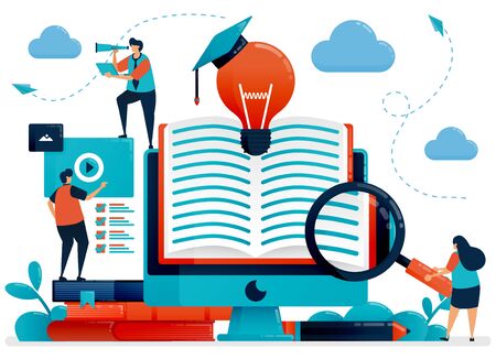 Digital library to get ideas, inspiration and solutions. Online learning for students. Reading app, online books. Education by blog.Vector illustration, landing page, card, banner, brochure, flyerのイラスト素材