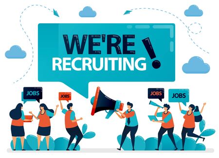 Publicist holds a megaphone and announces we're hiring. Job seekers applying for jobs. Employment opening, recruitment agencies ads. Vector illustration for business card, banner, brochure, flyerのイラスト素材