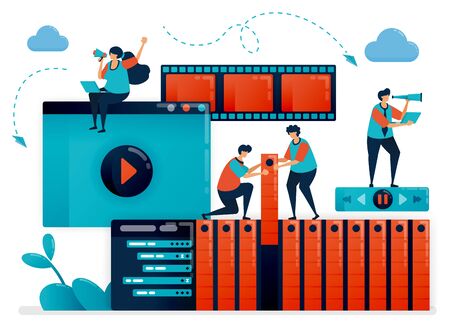 Animator working in designing frames movement. Editing and mastering with animation software, creative video creation. Digital motion graphic industry. Movie production studios, filmmaking , vloggerのイラスト素材