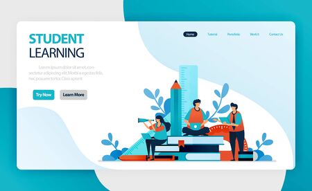 landing page for student learning and education. student study. online mobile modern learning. knowledge acquired through experience, study, being taught. vector design for business card website webのイラスト素材