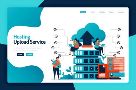 Hosting upload service landing page design. network upload database to server services, cloud, hosting. data backup and access protection. vector illustration for poster, website, flyer, mobile appのイラスト素材