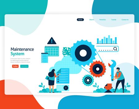homepage landing page vector flat illustration of maintenance system. repair and maintenance of cloud storage technology. security system in digital backup database. web, flyer, website, mobile appsのイラスト素材