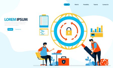 Vector illustration of security checks on internet networks. reload icon. securing and protecting internet access. designed for landing page, template, ui ux, website, mobile app, flyer, brochureのイラスト素材