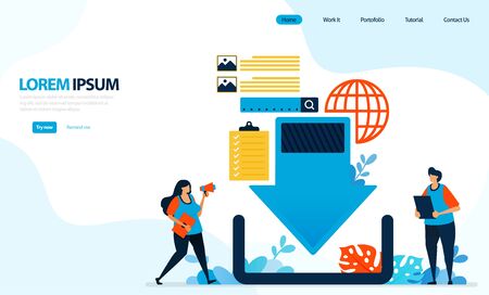 Vector illustration for downloading graphic design. internet server network, down arrow to download. designed for landing page, template, ui ux, website, mobile app, flyer, brochureのイラスト素材