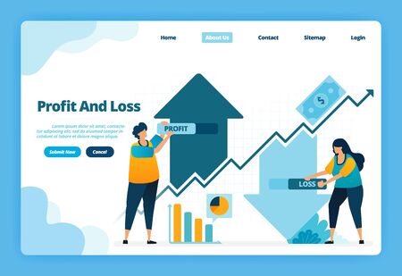Landing page of profit and loss. Up and down in taking capital gains investment in financial markets. Illustration of landing page, website, mobile apps, poster, flyerのイラスト素材