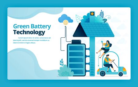 Vector illustration of landing page of battery charging stations for mobile and electric cars with solar panel technology. Design for website, web, banner, mobile apps, poster, brochure, templateのイラスト素材