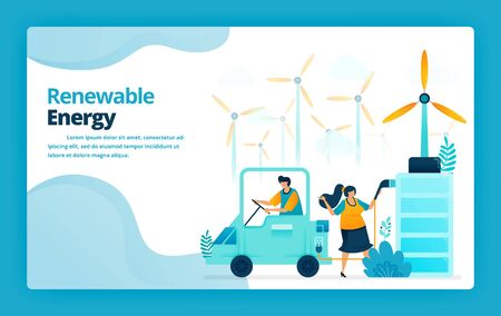 Vector illustration of landing page of electric car battery charging stations with green energy from wind power plants. Design for website, web, banner, mobile apps, poster, brochure, templateのイラスト素材