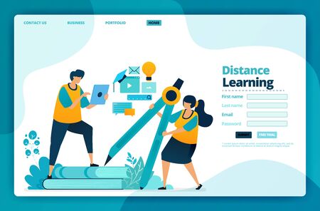 Landing page vector design of distance learning. Design for website, web, banner, mobile apps, poster, brochure, template, billboard, welcome page, promotion, cover, business card, advertisementのイラスト素材