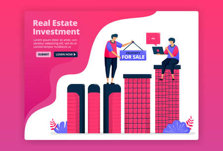 Vector illustration of investing by buying urban property, real estate or apartments. Increase wealth by purchasing property.  Can be used for landing page, website, web, mobile apps, posters, flyersのイラスト素材