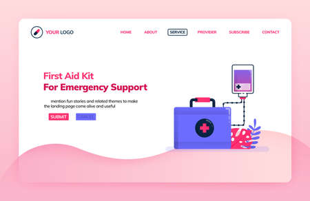 Landing page illustration template of first aid kit for emergency support. Infusion for emergency departments. Health themes. Can be used for landing page, website, web, mobile apps, poster, flyerのイラスト素材