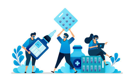 Vector illustration of medicines for disease and vaccinations. Flat symbol and icon for drugs. Health pharmacy. Can be used for landing page, website, web, mobile apps, flyer banner, template, posterのイラスト素材