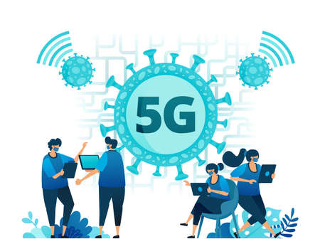 Vector illustration of 5g internet connection to support activities during the covid-19 virus pandemic. Symbols and icons of viruses, networks, wifi, connections. Landing page, web, website, bannerのイラスト素材