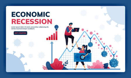 Landing page vector illustration of failure and negative economic growth due to covid-19 or corona virus. Depression, inflation and corporate bankruptcy due to pandemic.  Web, website, banner, appsのイラスト素材