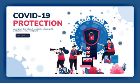Landing page vector illustration of data encryption and security to protect confidential information of covid-19 virus and vaccines. Virus document encryption icon and symbol. Web, website, bannerのイラスト素材