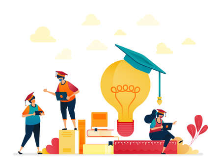 People in graduation caps, stacks of books, light bulb. Stationery for school and learning students. Ideas from reading. Vector illustration for website, mobile apps, banner, template, poster, flyerのイラスト素材
