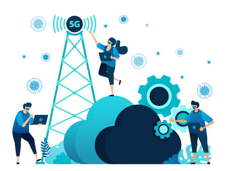 Vector illustration of 5g infrastructure and internet network connections for activities and work during covid-19 virus pandemic. Symbol of cloud, engine, hosting. Landing page, web, website, bannerのイラスト素材