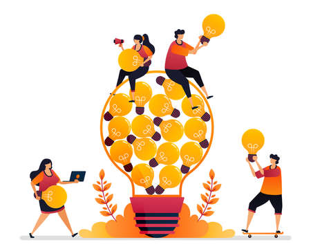 Vector illustration of idea and inspiration, looking for problem solving with brainstorming and knowledge. Graphic design for landing page, web, website, mobile apps, banner, template, poster, flyerのイラスト素材