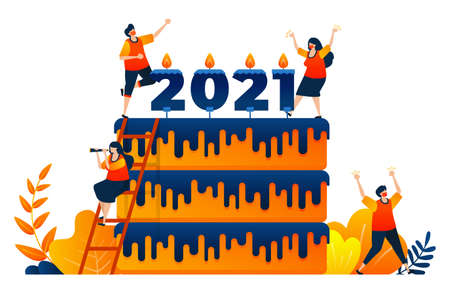 Countdown of 2020 to 2021 with theme of new year's celebration cake with candle. Vector illustration concept can be use for landing page, template, ui ux, web, mobile app, poster, banner, websiteのイラスト素材