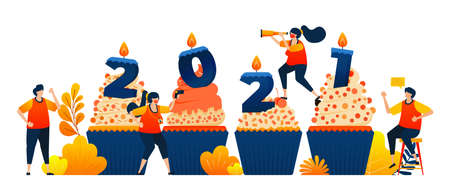 Countdown of 2020 to 2021 with theme of cupcakes to celebrate new year with candle. Vector...