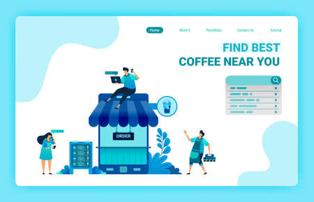 Landing page of coffee shop with phone and roof. Coffee shop metaphor 4.0 with internet. Coffee bar mobile apps to buy positive review. Vector design template for web, websites, site, banner, flyerのイラスト素材