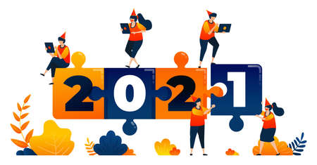 New years of 2020 to 2021 with theme of puzzle game, leadership and teamwork. Vector illustration concept can be use for landing page, template, ui ux, web, mobile app, poster, banner, website, flyerのイラスト素材