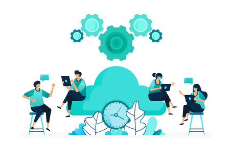 vector illustration of computing time on storage and hosting servers. manage cloud network timing. group of women and men workers. designed for website, web, landing page, apps, ui ux, poster, flyerのイラスト素材