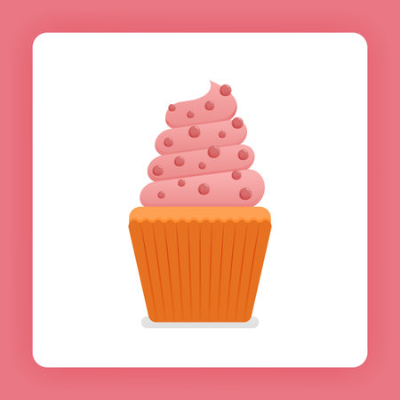 Illustration of cupcake with simple strawberry ice cream with choco chips. Strawberry muffin cream for birthday cake. Design can be for books, flyer, poster, website, web, apps, landing page, cookbookのイラスト素材