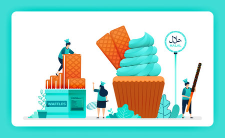 halal food menu illustration of sweet cupcake. crispy wafer and waffle for muffin whip cream icing...