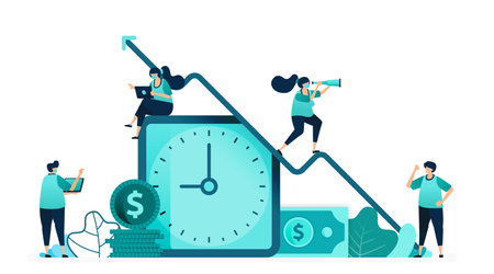 vector illustration of improve quality of time and employee income. clock with a dollar bill and a...