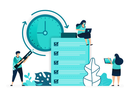 vector illustration of checklist for reviews and feedback on customer opinions quality and timeliness. women and men workers. designed for website, web, landing page, apps, ui ux, poster, flyerのイラスト素材